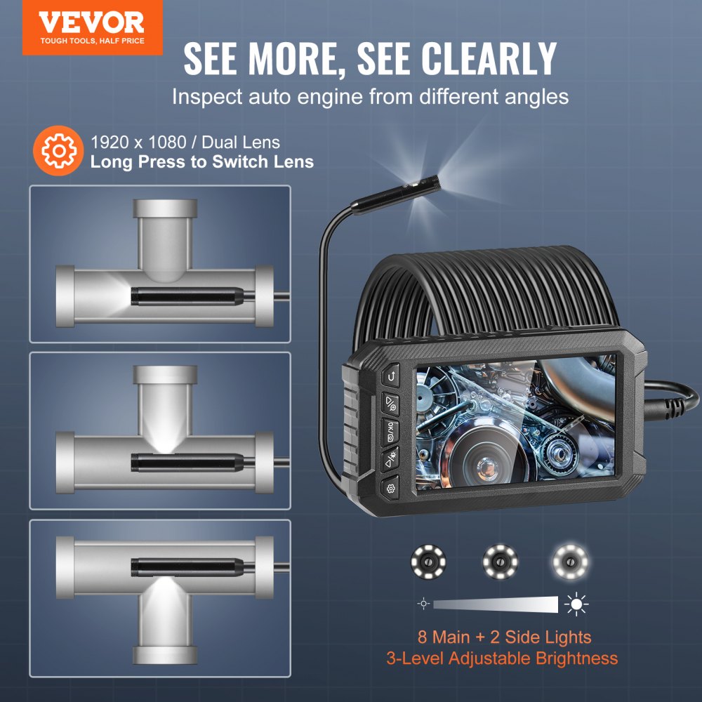 5003 - 49.2FT VEVOR Endoscope Camera with 5" Screen & 3 Lenses