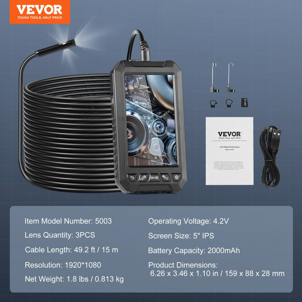 5003 - 49.2FT VEVOR Endoscope Camera with 5" Screen & 3 Lenses