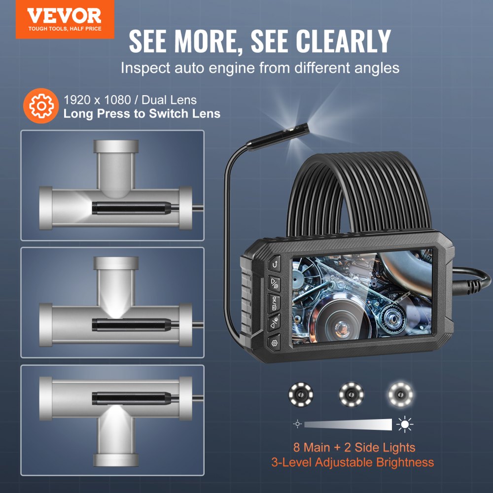 5003 - VEVOR 5" Triple Lens Endoscope with 16.4FT Cable & Lighting