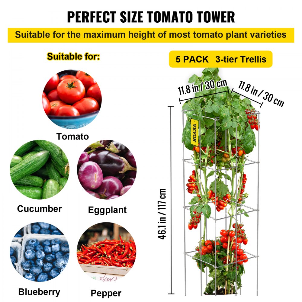 VV-KZDFQJ11.8X46YS5Z - Heavy-Duty 5-Pack Tomato Cages, 11.8" x 46.1" Support