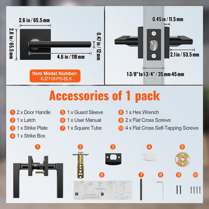 KJ2118-PS-BLK - 5 Pack Matte Black Non-Locking Door Levers for Easy Access