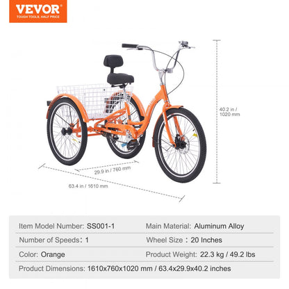 SS001-1 - Reliable 20" Aluminum Alloy Adult Tricycle in Vibrant Orange