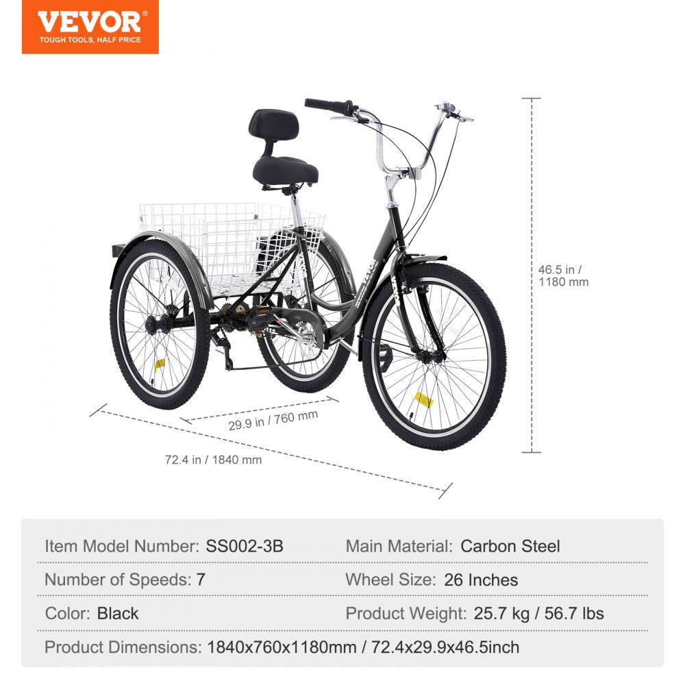 SS002-3B - Stable 26-Inch Carbon Steel Adult Tricycle for Safe Riding