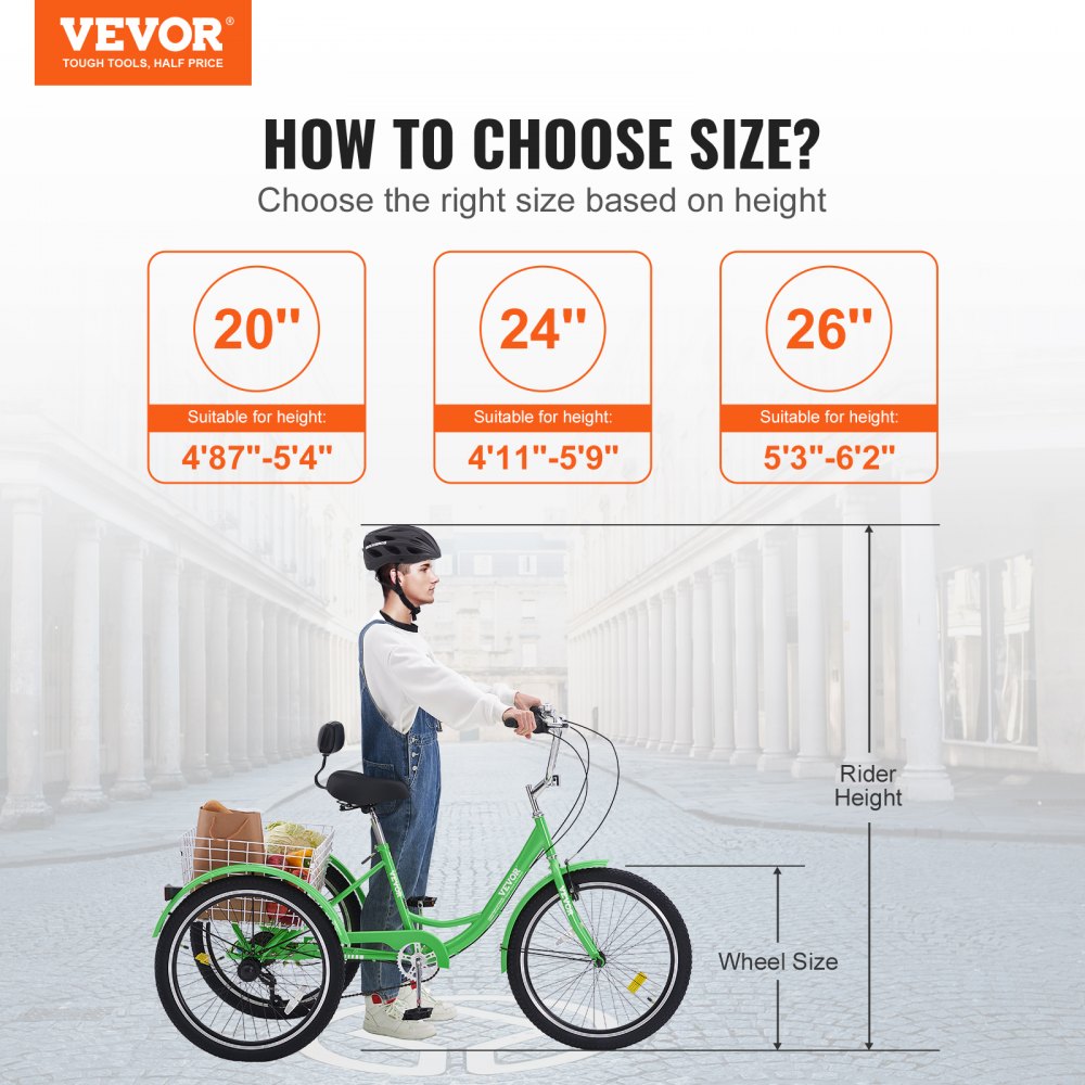 SS002-3A - Easy Assembly VEVOR 26" Adult Tricycle, Smooth Ride & Stability