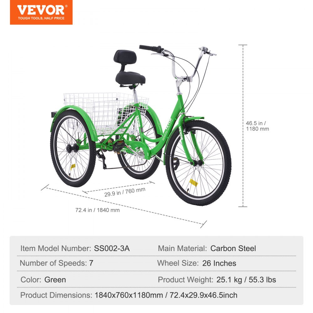 SS002-3A - Easy Assembly VEVOR 26" Adult Tricycle, Smooth Ride & Stability