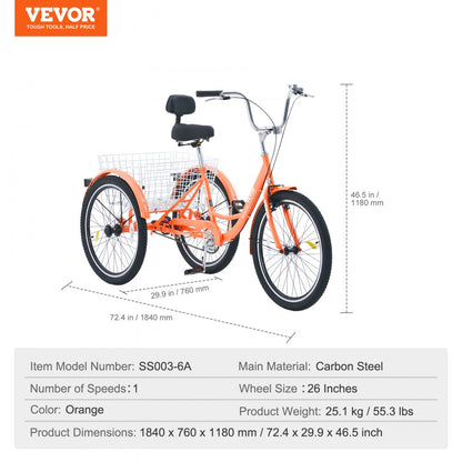 SS003-6A - Stable 26-Inch Orange Adult Tricycle for Safe Rides