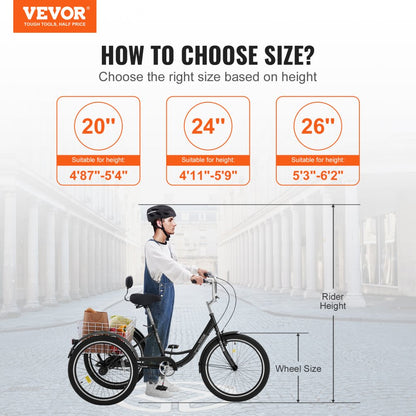 SS003-4A - VEVOR 20-Inch Adult Tricycle with Comfortable Saddle and Rear Basket