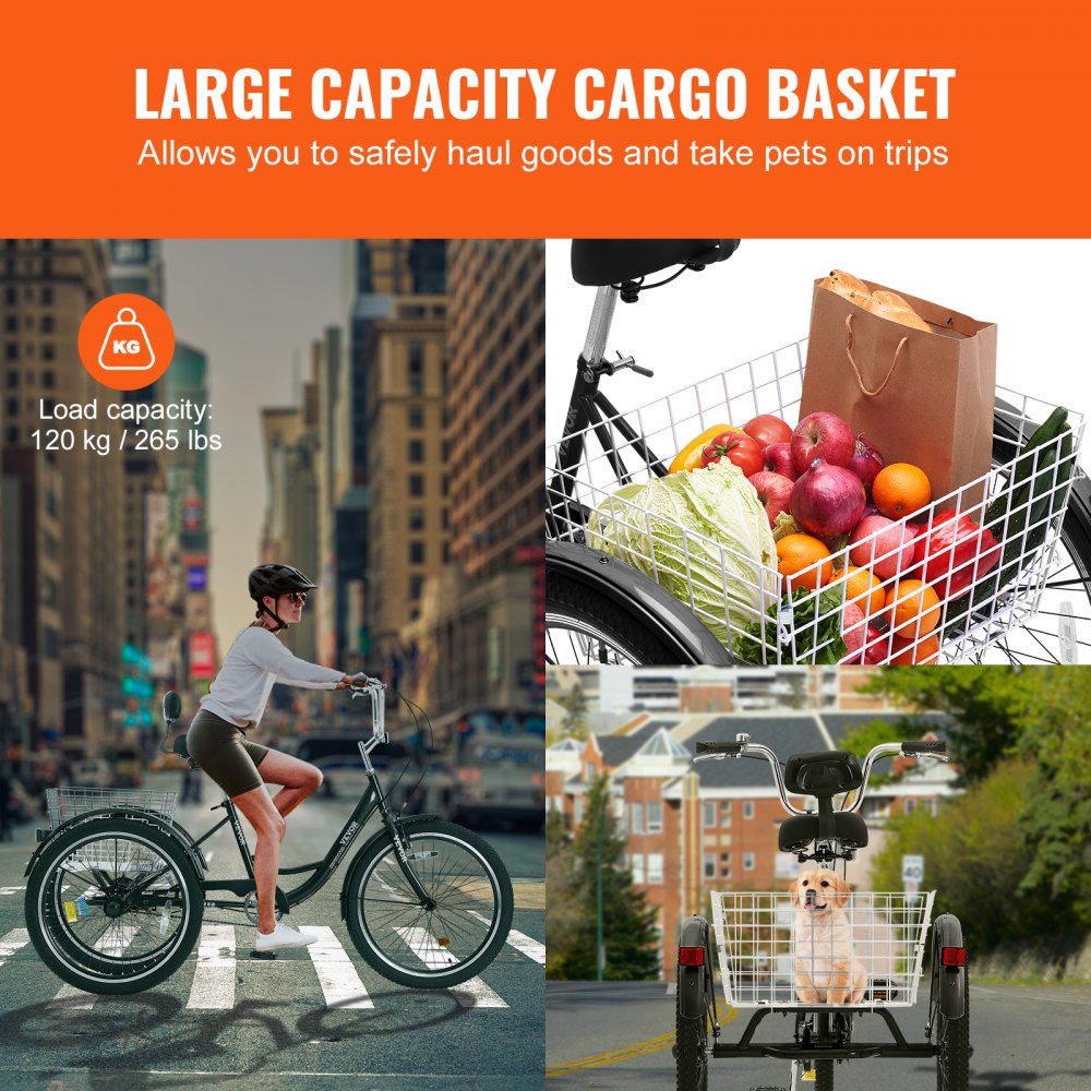 SS003-4A - VEVOR 20-Inch Adult Tricycle with Comfortable Saddle and Rear Basket