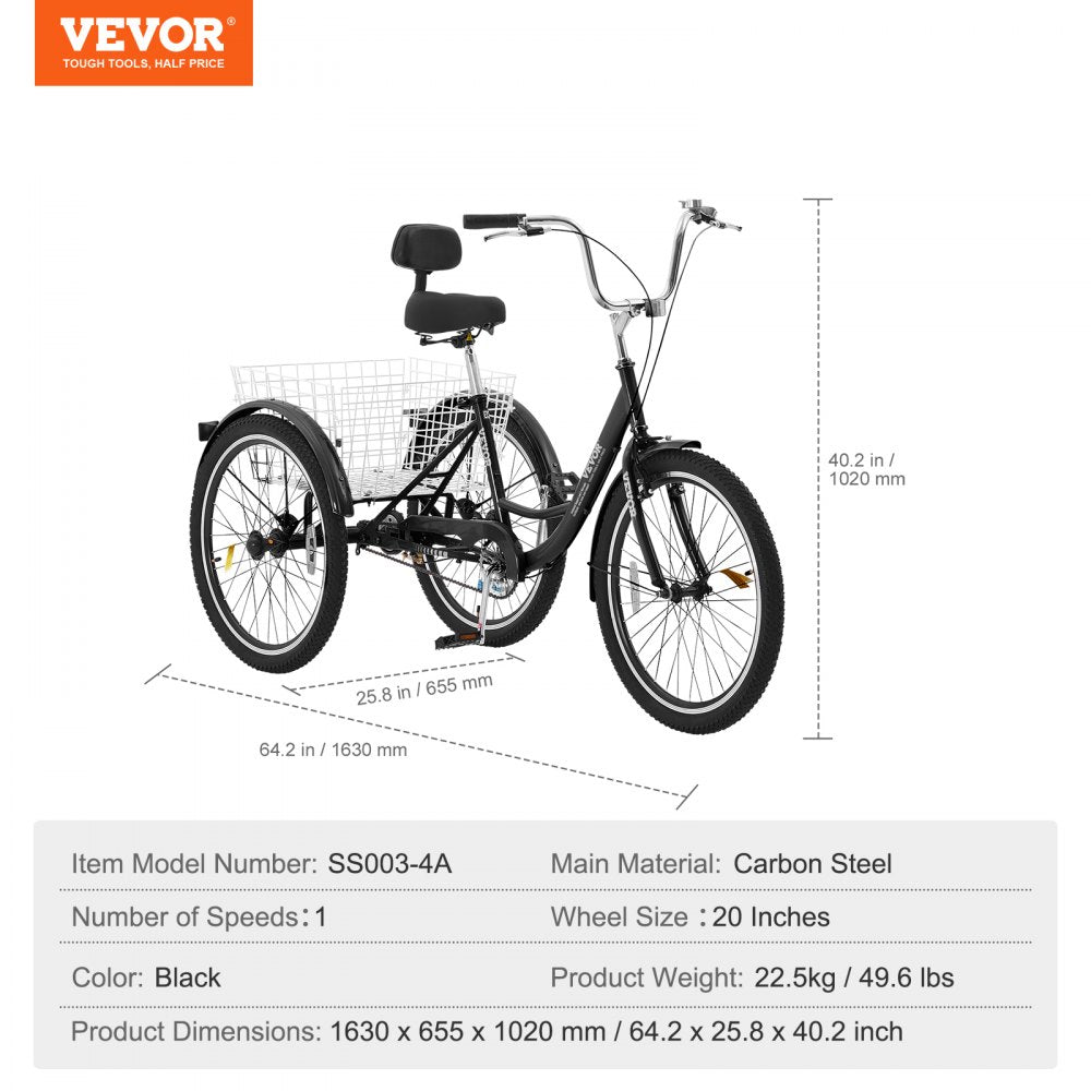 SS003-4A - VEVOR 20-Inch Adult Tricycle with Comfortable Saddle and Rear Basket