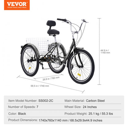 SS002-2C - Stable 24-Inch VEVOR Adult Tricycle for Seniors and All Skill Levels