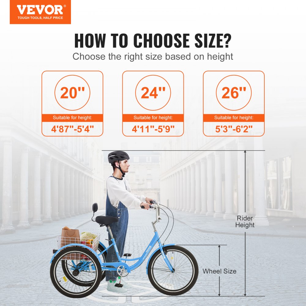 SS003-6B - Durable Blue Adult Tricycle Bike, Carbon Steel Frame