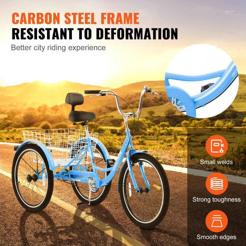 SS003-6B - Durable Blue Adult Tricycle Bike, Carbon Steel Frame
