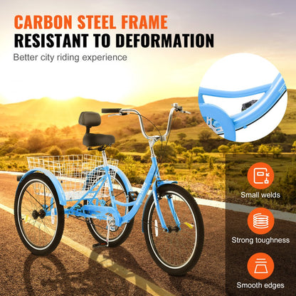 SS003-6B - Durable Blue Adult Tricycle Bike, Carbon Steel Frame