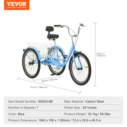 SS003-6B - Durable Blue Adult Tricycle Bike, Carbon Steel Frame