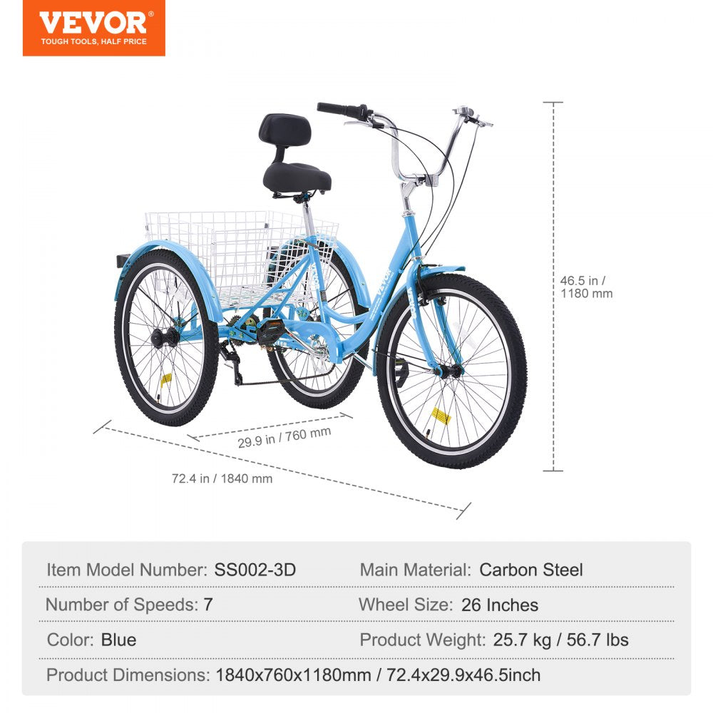 SS002-3D - Stable 26-Inch VEVOR Adult Tricycle for Reliable Transportation