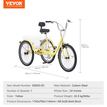 SS003-5C - VEVOR 24-Inch Adult Tricycle for Safe Leisure Rides