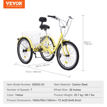 SS002-3C - Durable 7-Speed Adult Tricycle with Adjustable Seat