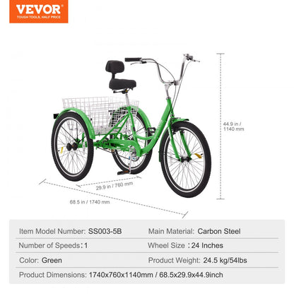 SS003-5B - Durable 24" VEVOR Adult Tricycle with Adjustable Seat and Basket