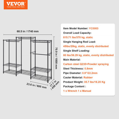 YC0003 - Versatile 800 lbs Heavy-Duty Rolling Clothes Rack with 4 Rods