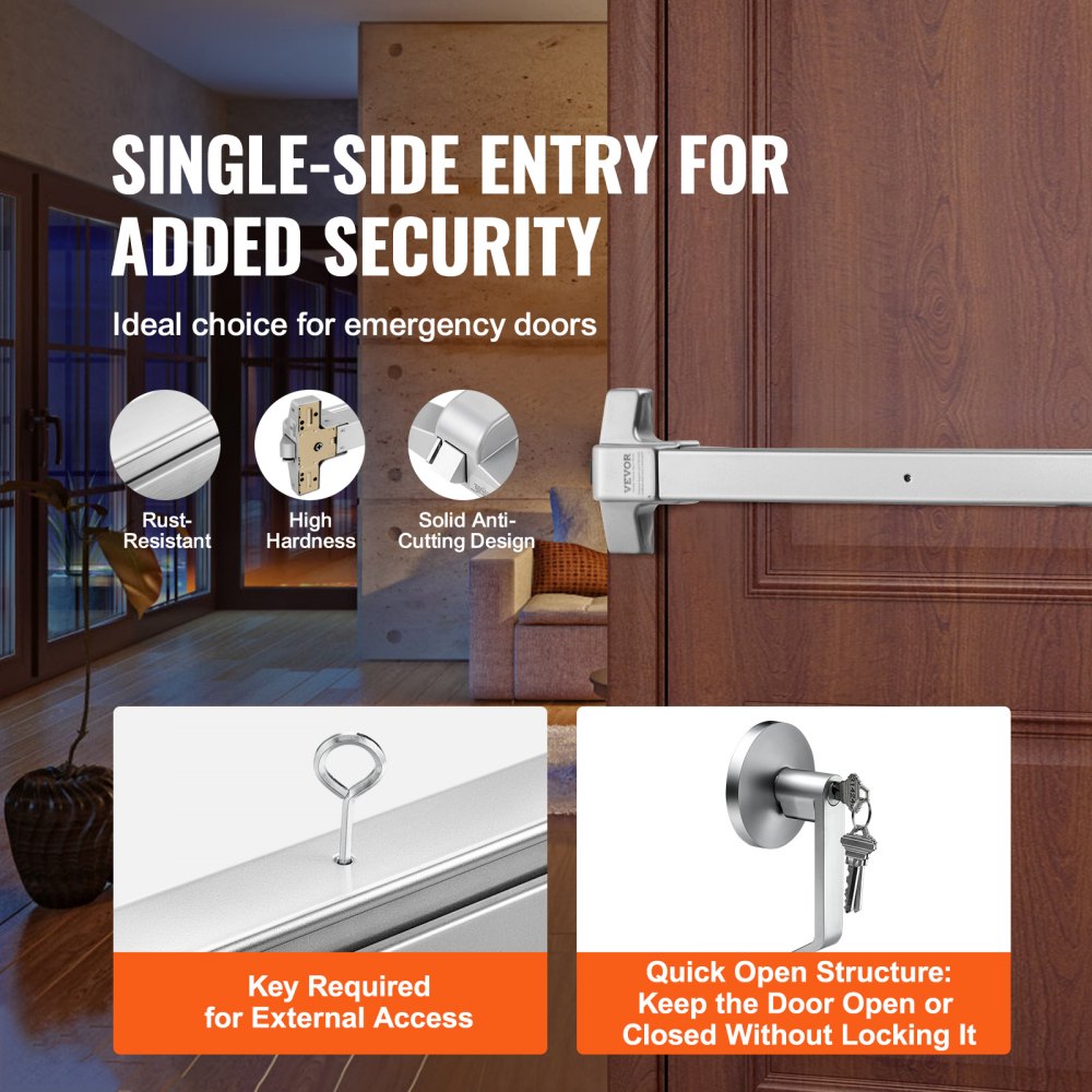 500P - Durable Carbon Steel Push Bar Door Lock, 28"-41" Fit, Keyed Security