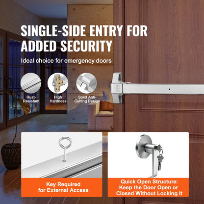 500P - Durable Carbon Steel Push Bar Door Lock, 28"-41" Fit, Keyed Security