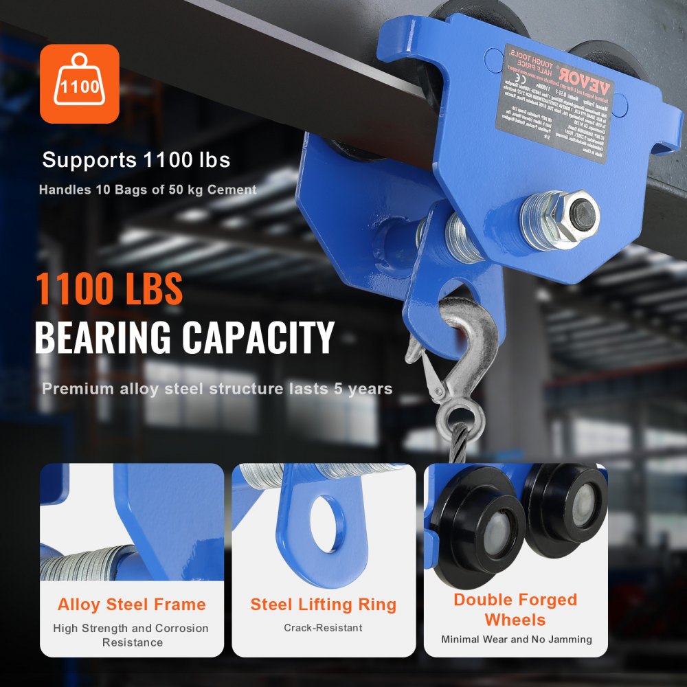 0.5T-F - Heavy-Duty Manual Trolley, 1100 lbs Capacity, 2.5 to 5.5 Inch Width