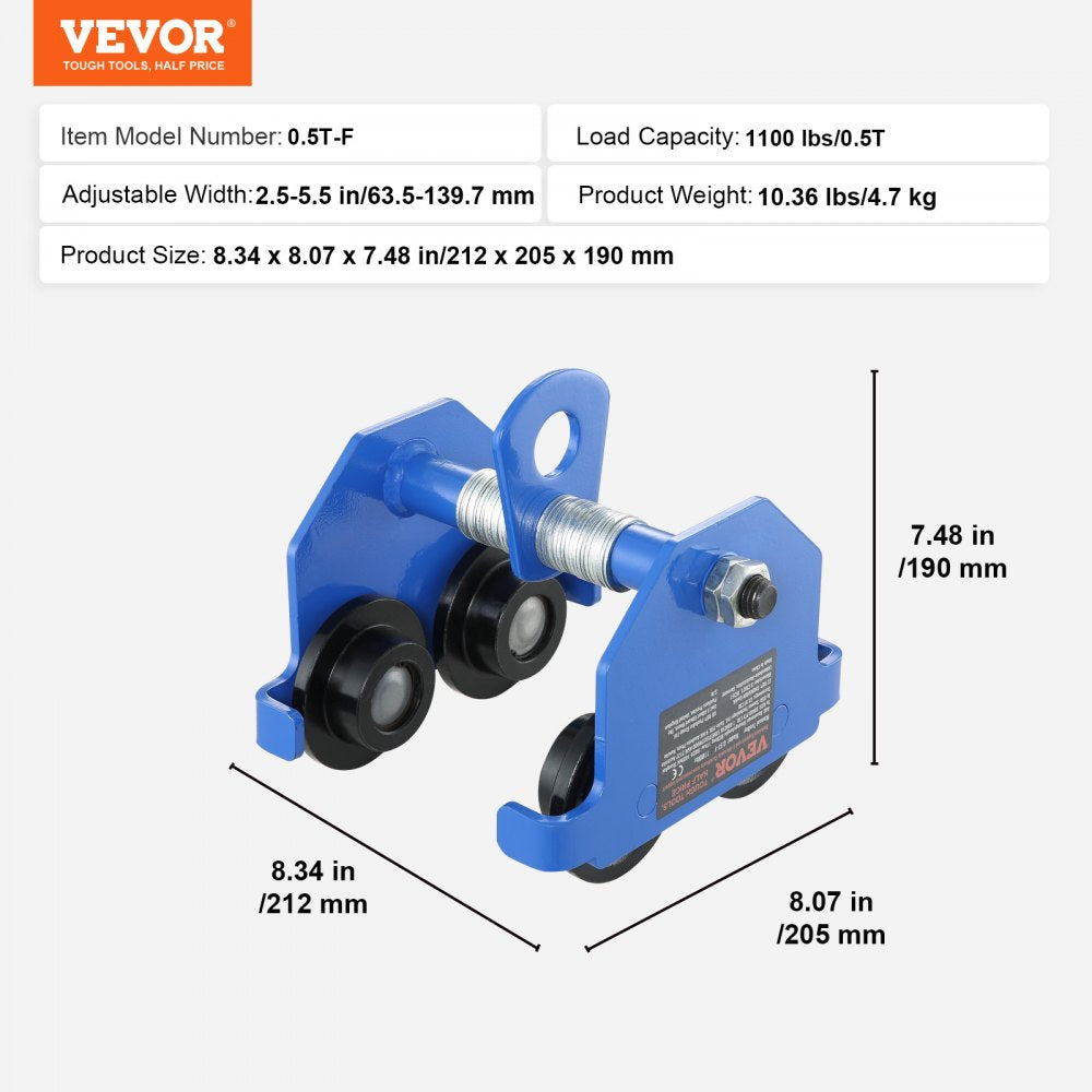 0.5T-F - Heavy-Duty Manual Trolley, 1100 lbs Capacity, 2.5 to 5.5 Inch Width