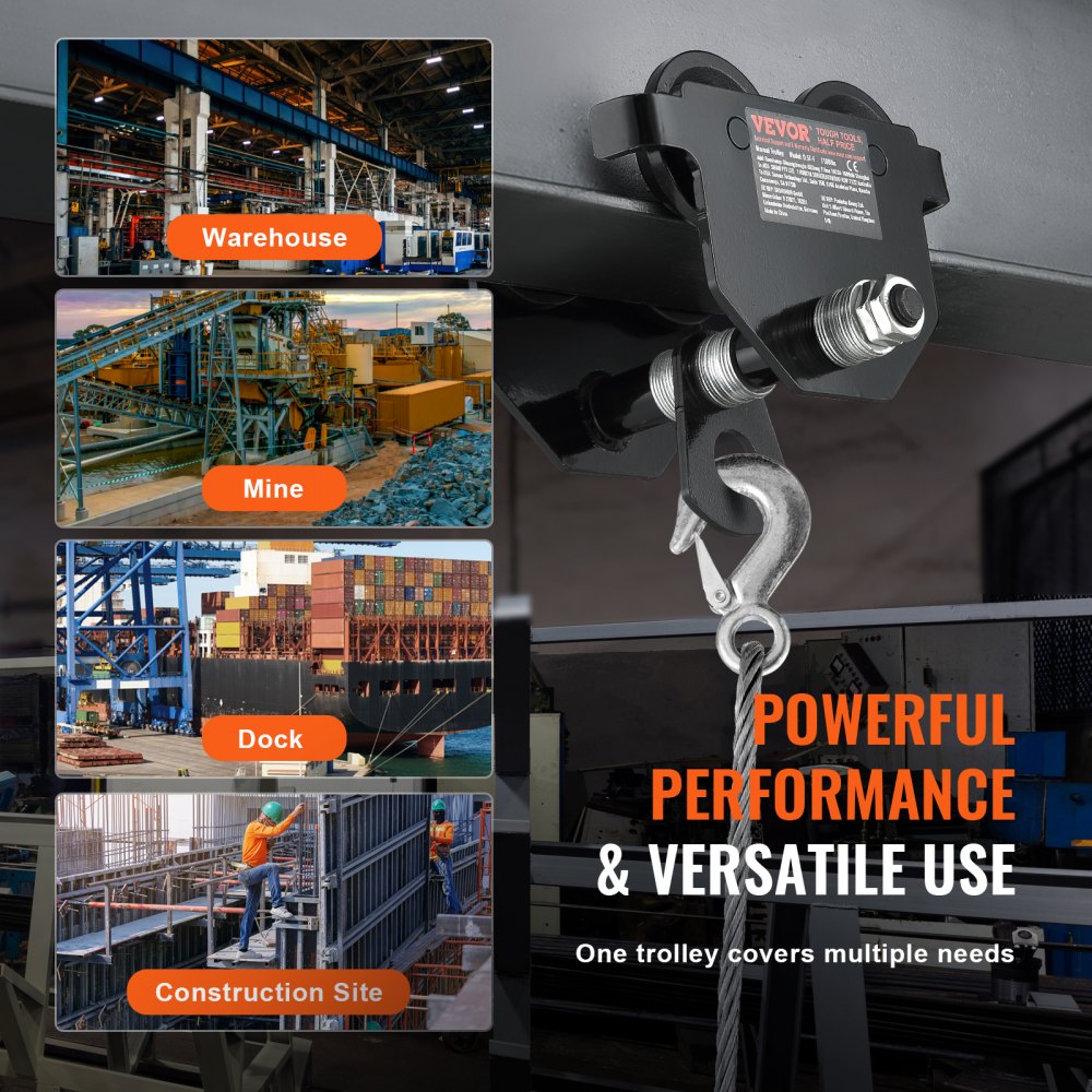 0.5T-F - Adjustable 1100 lbs VEVOR Manual Trolley for I-beams, 2.5-5.5" Width