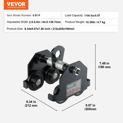 0.5T-F - Adjustable 1100 lbs VEVOR Manual Trolley for I-beams, 2.5-5.5" Width