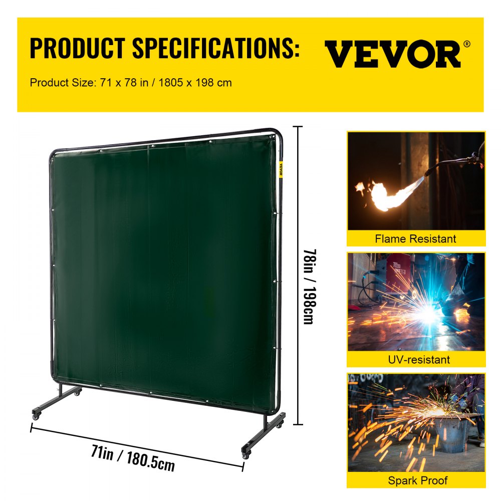 010871638485 - 6' x 6' Flameproof Welding Screen with Steel Frame & Wheels