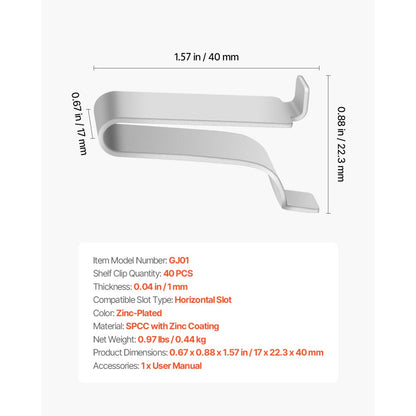 GJ01 - Adjustable Durable Shelf Clips for Slotted Rails, 40 Pack