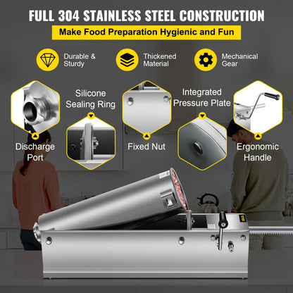 HS-7L - 7L Stainless Steel Manual Sausage Stuffer with 5 Nozzles