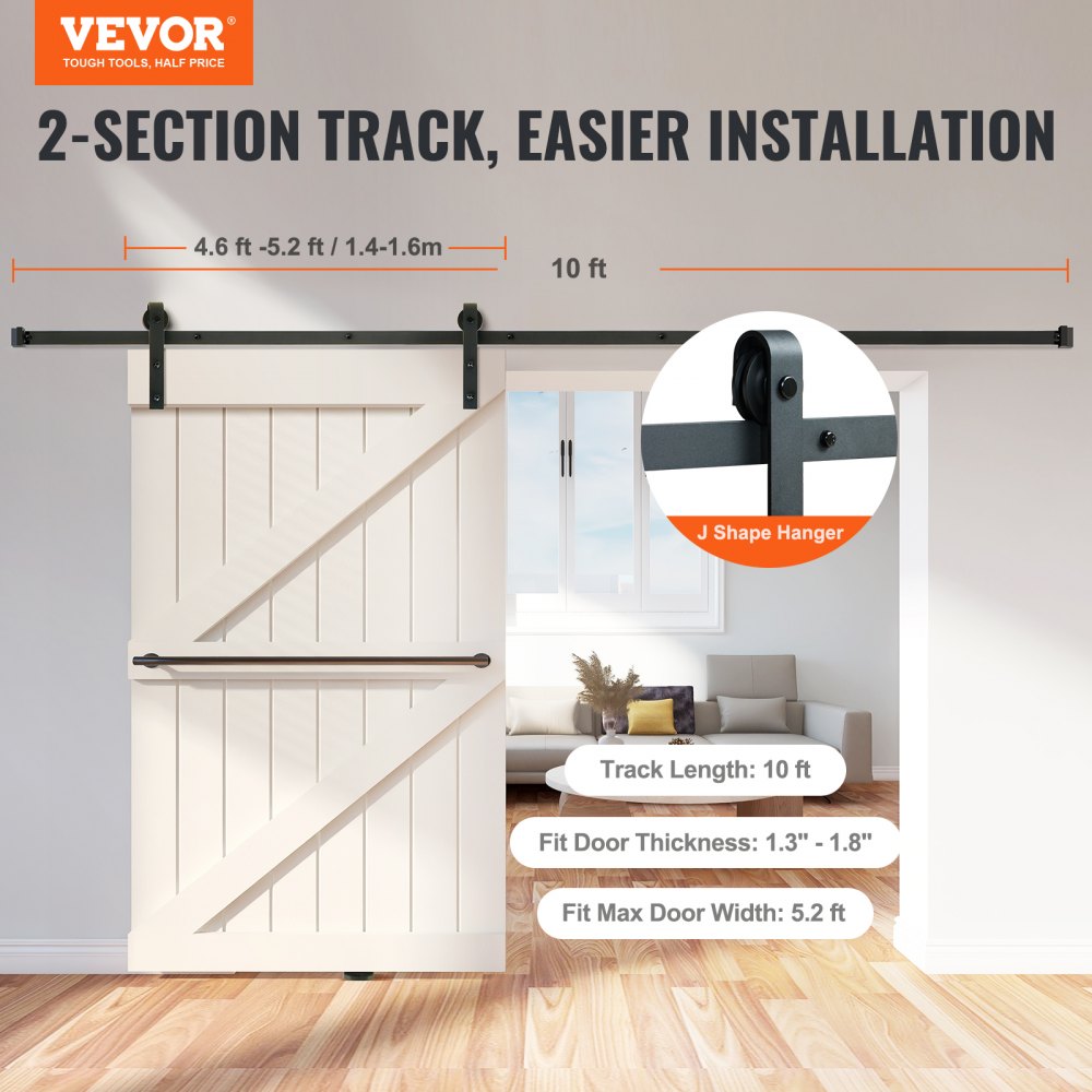 004-2.44M-D - Heavy-Duty 10FT Sliding Barn Door Kit, Fits 5.2FT Openings