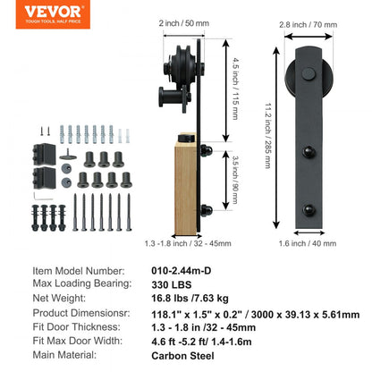 010-2.44m-D - 10FT VEVOR Barn Door Hardware Kit for 330LBS Doors