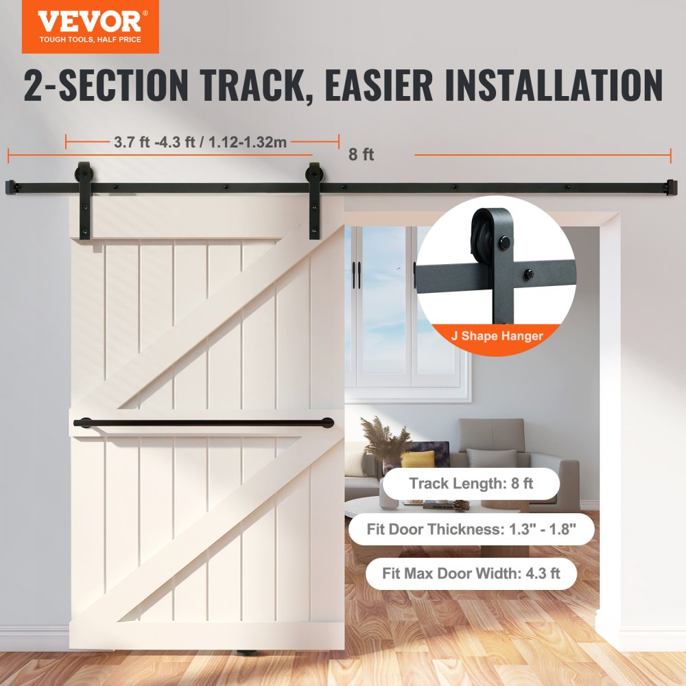 004-2.44M - Heavy-Duty 8FT Barn Door Hardware, Silent Pulley System