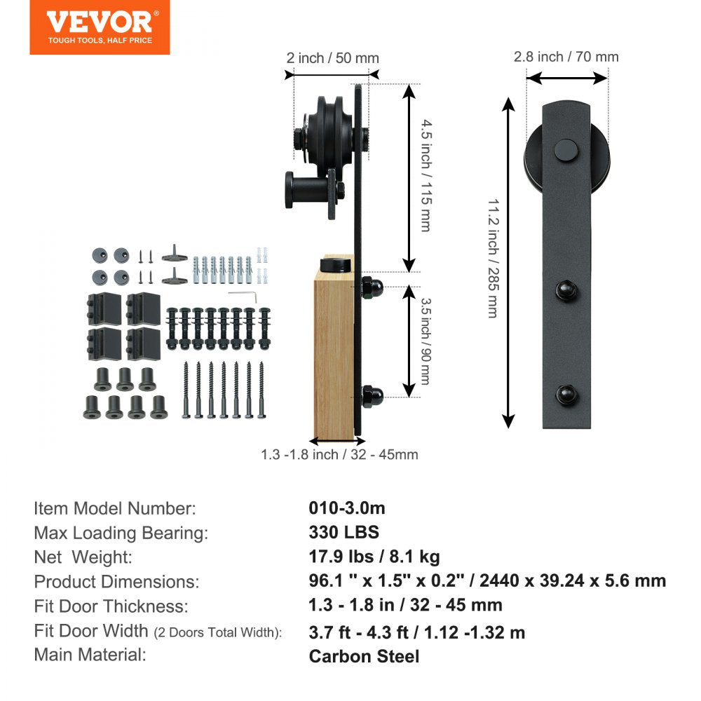 010-3.0m - Durable 8FT VEVOR Barn Door Hardware Kit for Easy Installation