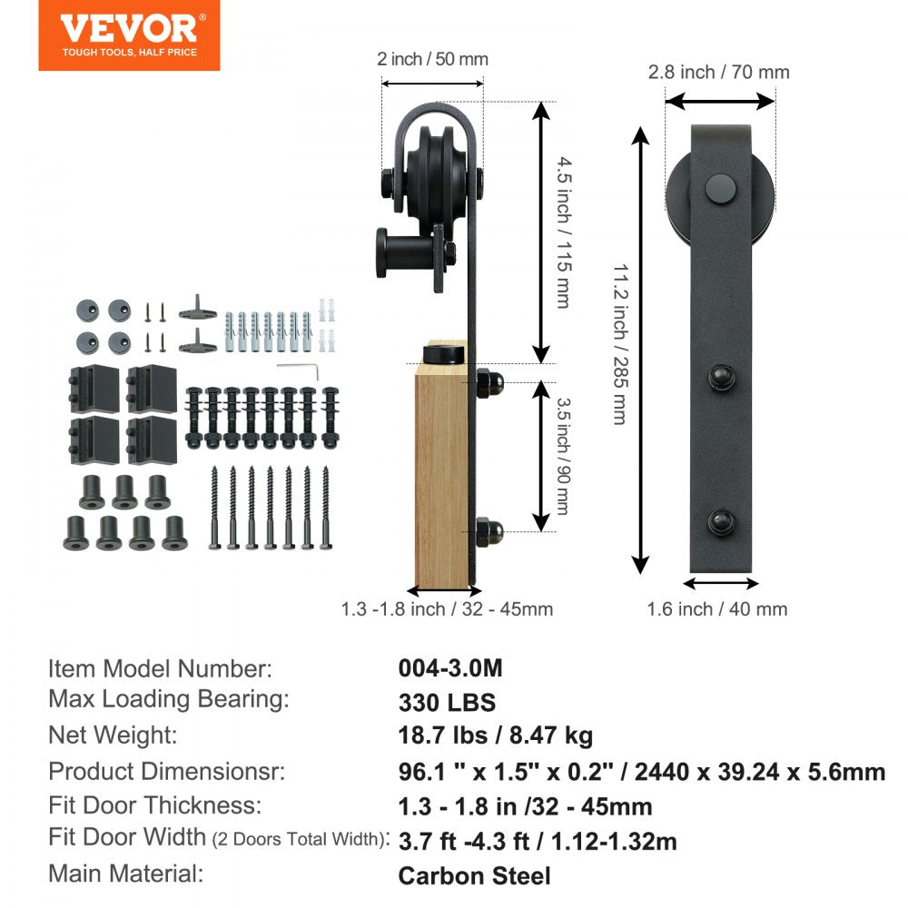 004-3.0M - Heavy-Duty 8FT Barn Door Kit for Double Doors, 330LBS Capacity