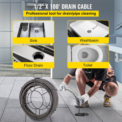 010931476382 - 100FT Drain Cleaning Cable with 4 Cutter Shapes