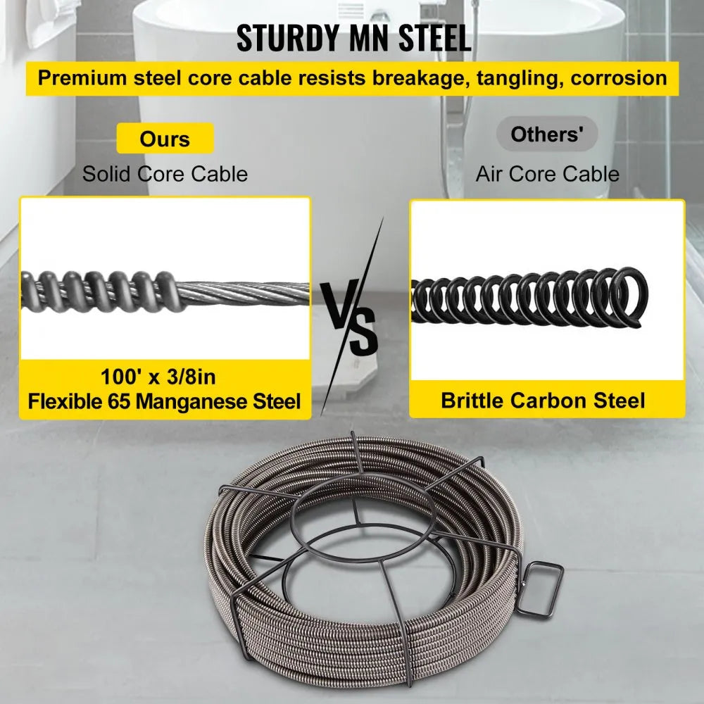 010889482595 - 100ft Heavy-Duty Drain Cleaning Cable with 4 Cutters