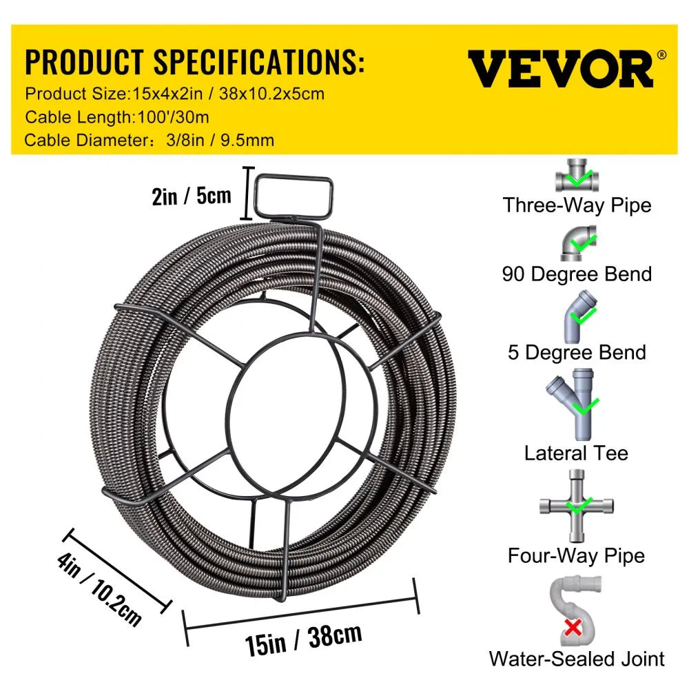 010889482595 - 100ft Heavy-Duty Drain Cleaning Cable with 4 Cutters