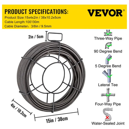 010889482595 - 100ft Heavy-Duty Drain Cleaning Cable with 4 Cutters