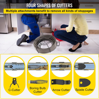 010604418085 - 50ft 65 MN Steel Drain Cleaning Cable with 4 Cutter Shapes