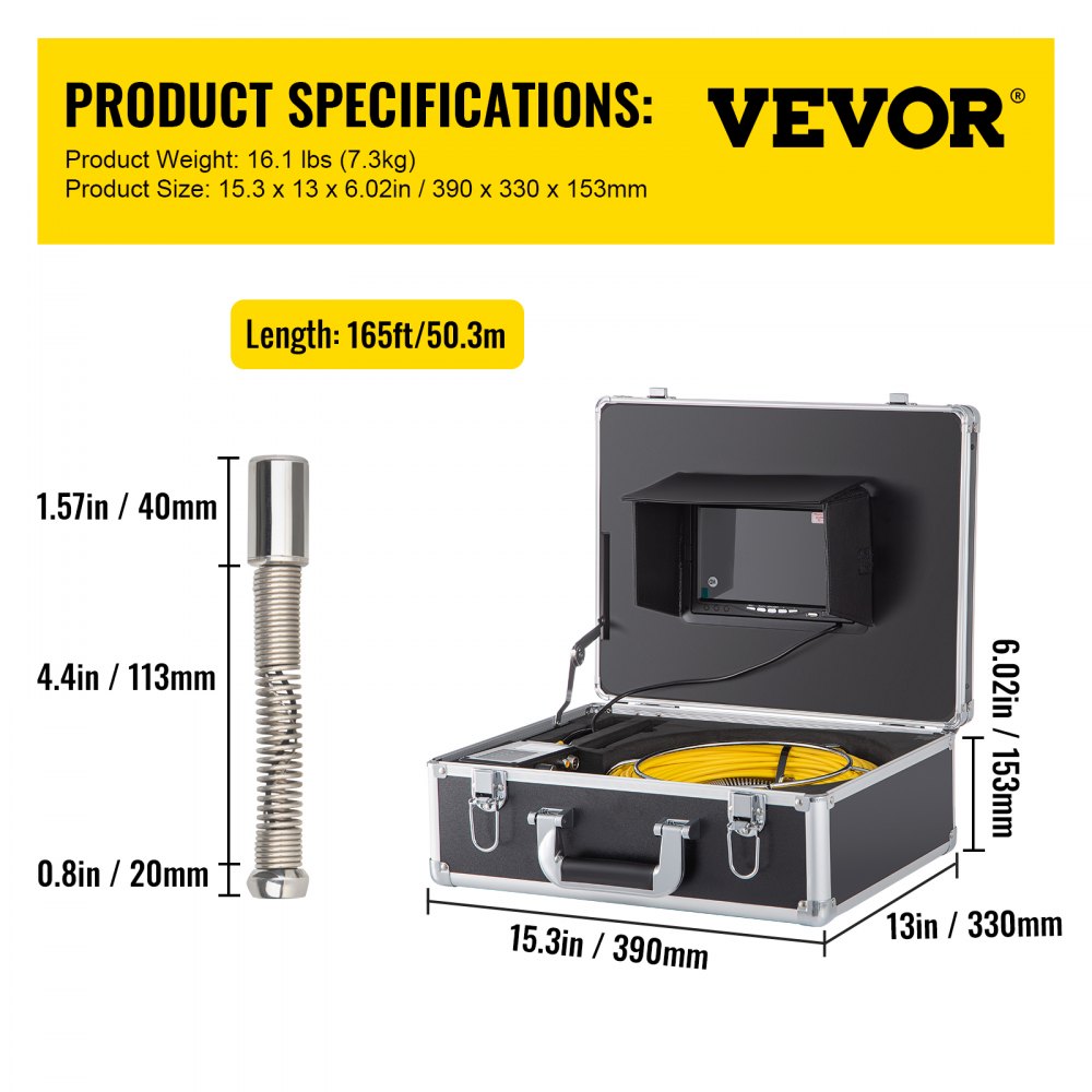 VV-SC-165 - 7" HD Sewer Inspection Camera with 165' Cable & Locator