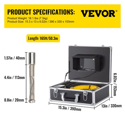 VV-SC-165 - 7" HD Sewer Inspection Camera with 165' Cable & Locator
