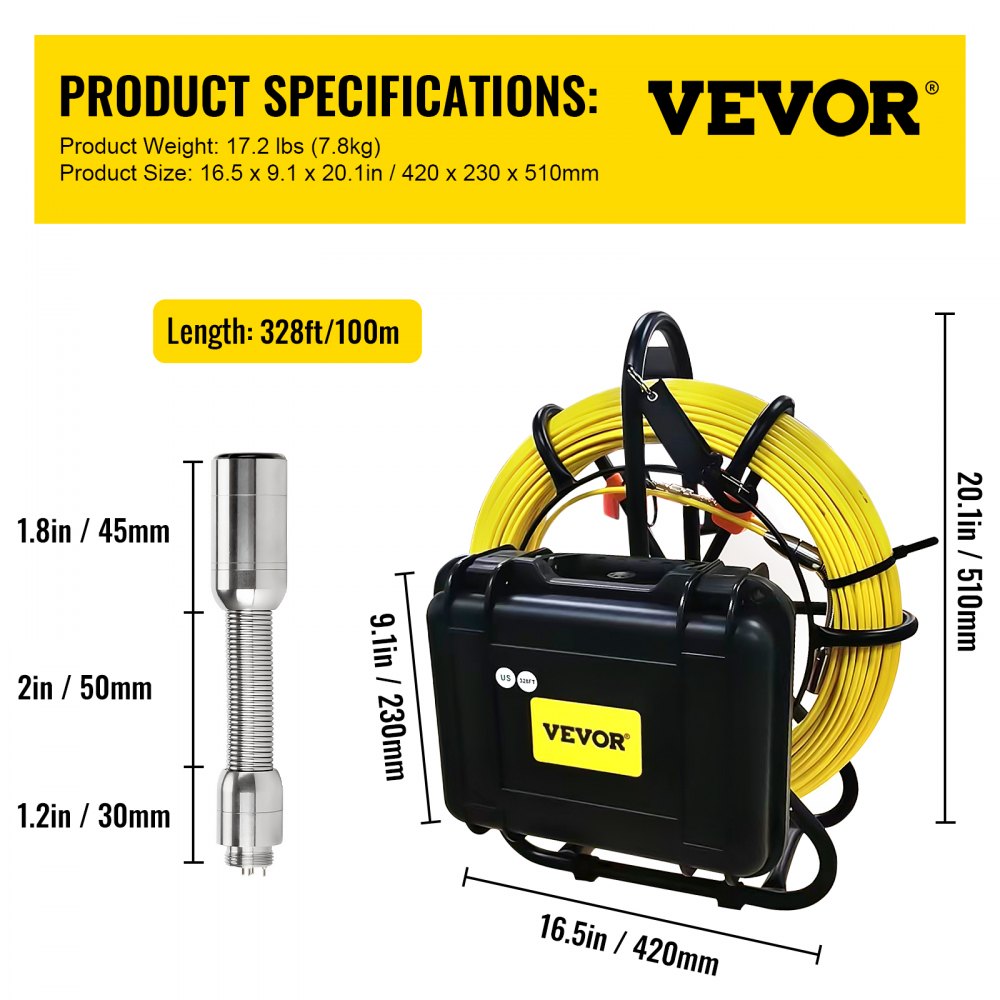 VV-SC-328 - 9" 720P Sewer Inspection Camera with Long Cable