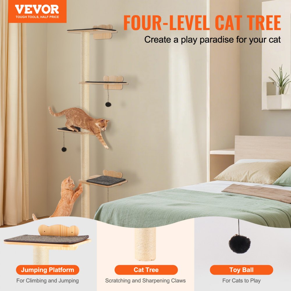 SSGQK-06 - Natural Pine Wall-Mounted Cat Shelf with 4 Boards and 3 Posts