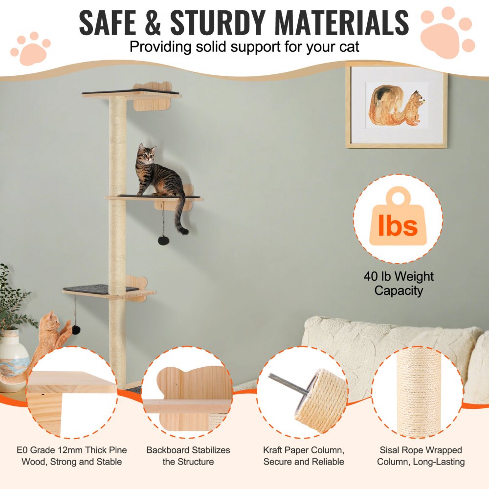 SSGQK-06 - Natural Pine Wall-Mounted Cat Shelf with 4 Boards and 3 Posts
