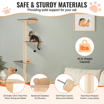 SSGQK-06 - Natural Pine Wall-Mounted Cat Shelf with 4 Boards and 3 Posts