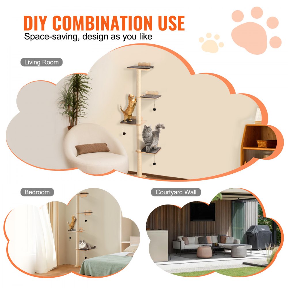 SSGQK-06 - Natural Pine Wall-Mounted Cat Shelf with 4 Boards and 3 Posts