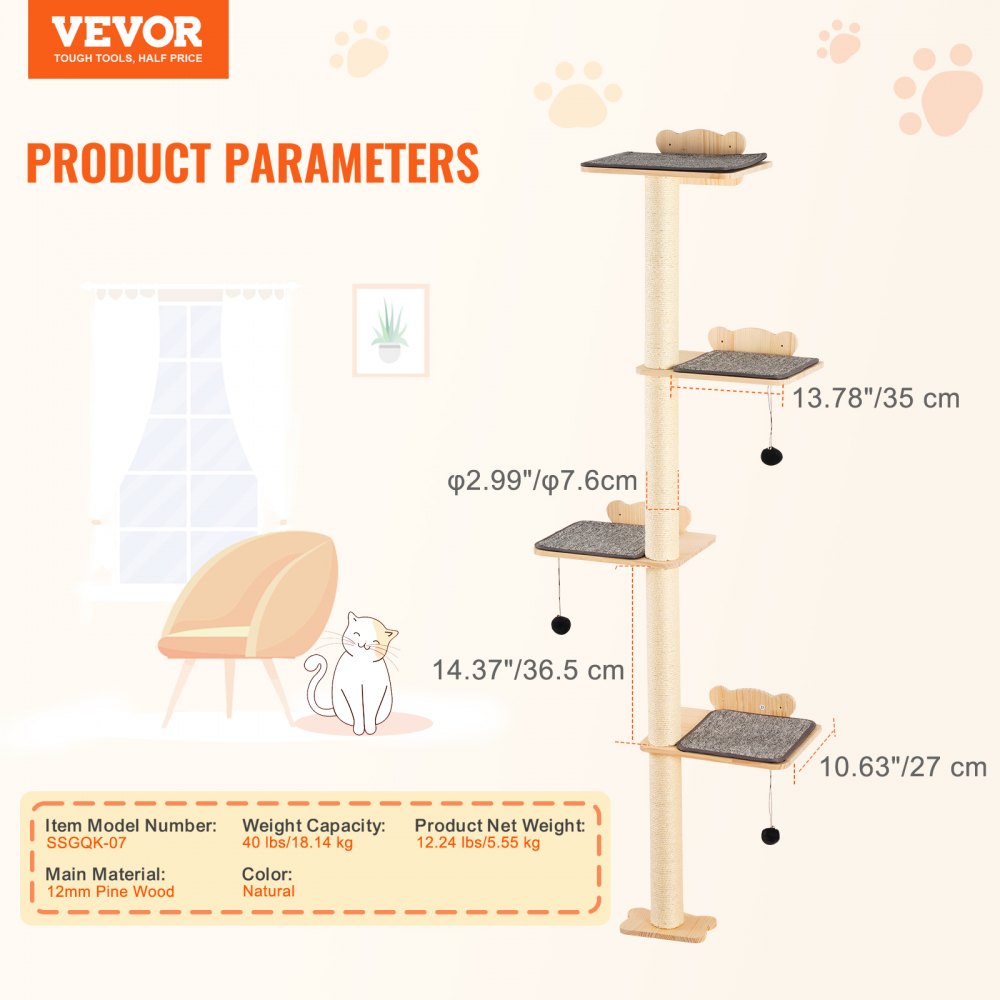 SSGQK-06 - Natural Pine Wall-Mounted Cat Shelf with 4 Boards and 3 Posts